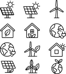 grid of green energy and eco technology icons featuring solar panels, wind turbines, and Earth symbols