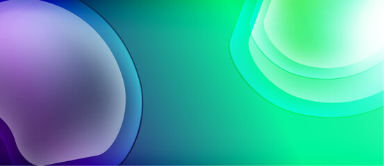 Abstract gradients blend purple, teal, green hues. Smooth shapes overlap creating soft visual effect. Modern design element.