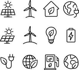 set of green energy and sustainability icons including solar panels, eco bulbs, and global leaf symbols