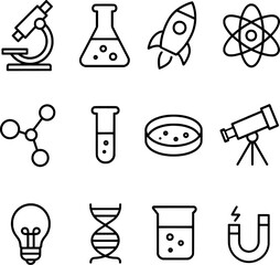 grid of science and technology icons including lab equipment, DNA, atoms, and space elements
