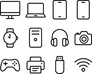grid of electronic device and accessory icons including computers, phones, and gadgets