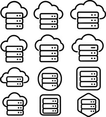 set of cloud computing and server stack icons in minimalist black outline style
