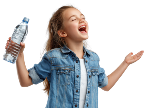 Refreshing Delight: A young girl, radiating happiness, joyfully holds up a refreshing water bottle, embracing the simplicity and pure pleasure of hydration.