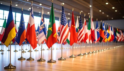 Numerous national flags displayed on stands in a large hall