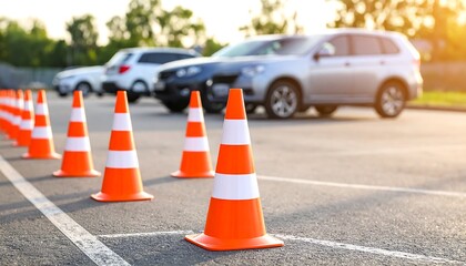 Traffic cones marking a parking lot with cars in the background