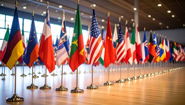 Numerous national flags displayed on stands in a large hall