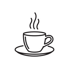 A black and white icon design illustration of a coffee cup with steam lines rising from the top