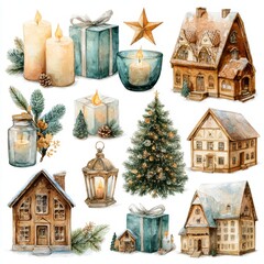 Whimsical winter scene featuring cozy houses, candles, and festive decorations for a holiday celebration