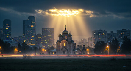 Obraz premium a temple illuminated by the rays of the sun in the middle of a dark city . Generative AI