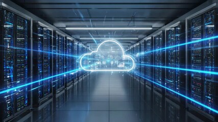 Futuristic server room with a glowing cloud symbol representing digital data storage and cloud computing technology. - Powered by Adobe