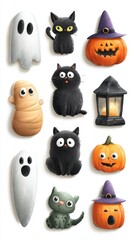 Colorful Halloween decorations featuring ghosts, cats, pumpkins, and a lantern create a festive atmosphere for the spooky season