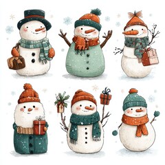 Charming snowmen celebrating winter with gifts and festive accessories in a whimsical snowy landscape
