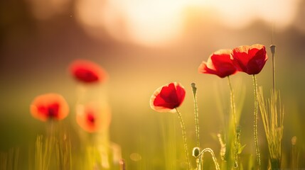 A vibrant sunset field adorned with red poppy flowers, bathed in warm golden light.