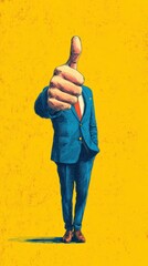 Businessman in a blue suit giving a thumbs up on a bright yellow background during an optimistic moment