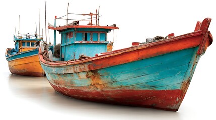 Obraz premium Colorful Fishing Boats on Sand Weathered Wooden Hulls and Traditional Design Elements Seen UpClose