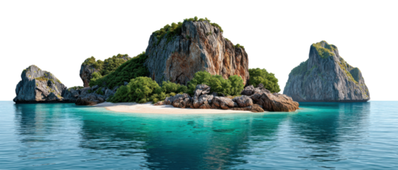 Idyllic Island Escape: A breathtaking vista of a pristine tropical island, with towering rock formations and lush greenery rising from crystal-clear turquoise waters. A sanctuary of serenity.