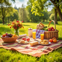 A picnic photo, fruits and drinks and some kind of foods on the cloth 