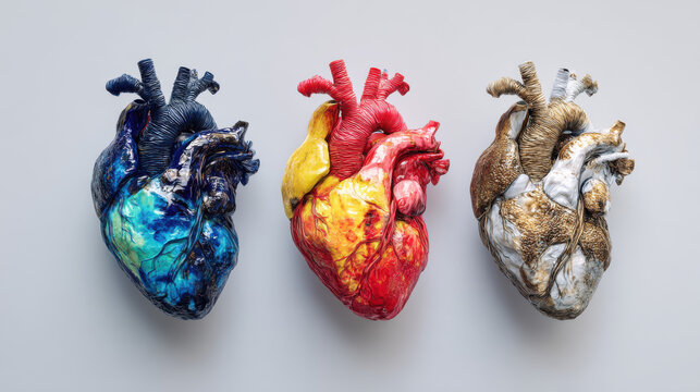 Three colorful realistic human hearts representing diversity culture identity health unity creativity and medical innovation concepts