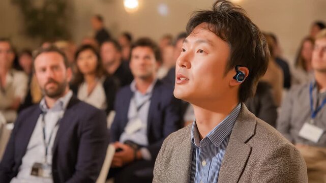A focused Korean founder passionately pitches at a startup event in Silicon Valley while wearing an AI translation earpiece. 