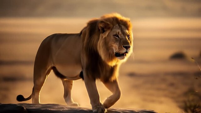 Roaring lion on savanna cliff at sunset for cinematic wildlife scene