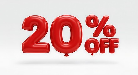 Red balloons forming twenty percent off sale isolated on white background