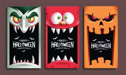 Halloween invitation card characters vector poster design. Happy halloween greeting text in monster character template collection for kids party invitation card design. Vector illustration horror 