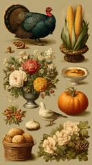 Turkey and autumn harvest with flowers, fruits, and baked goods arranged artfully for a festive celebration