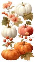 Decorative arrangement of pumpkins and flowers in autumn colors with detailed nature elements