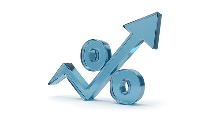 Blue glass percentage symbol with upward arrow isolated on white background