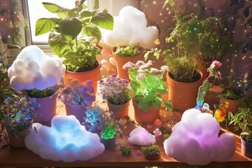 Celestial garden with cloud planters growing star-shaped flowers, moon vegetables, and rainbow-colored herbs in whimsical design