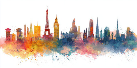 Colourful artistic skyline of famous global cities in watercolour style perfect for travel promotions world landmarks posters and decor