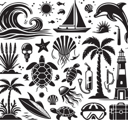 Summer vacation icon collection with beach palm sun and holiday symbols