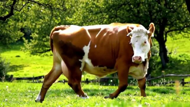 a brown cow white a patch walks clamly a cross a lush green pasture