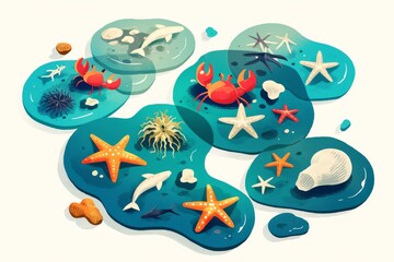 Minimalist tidal pool scene with starfish, hermit crabs, and anemones drawn as basic geometric shapes with bold contours, educational marine life labels