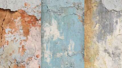 Fototapeta premium A close-up view of three distinct wall surfaces reveals layers of peeling paint in soft colors, highlighting the passage of time in an urban environment during daylight.