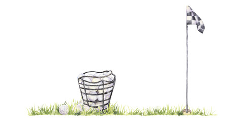 Golf hole with flag and ball bucket on grass in hand-drawn watercolor