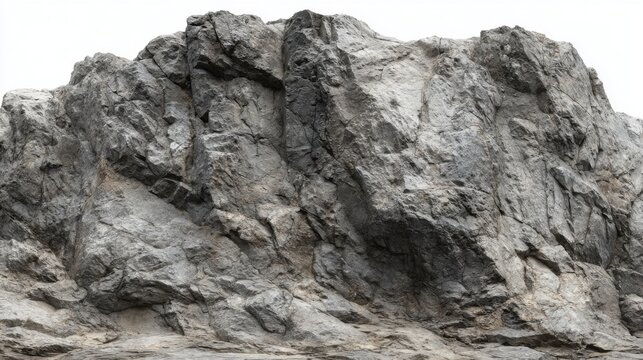 The rocky cliff face stands tall under bright daylight, showcasing its rugged texture and unique geological formations. Various shades of gray and hints of erosion highlight its age.