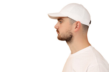 Man shows side profile wearing white cap, isolated on white, PNG