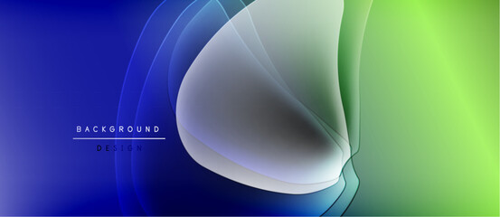 Abstract fluid shapes blend blue, green hues. Gradient design creates dynamic visual effect. Minimal text present, modern aesthetic.