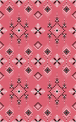 Traditional ethnic textile pattern in black and white on a red background with repeated geometric diamond and triangular shapes.