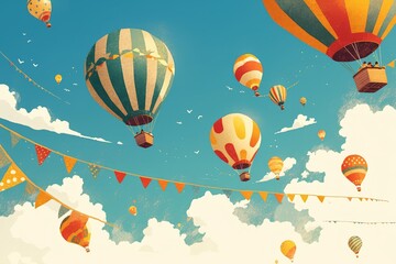 Playful cluster of hot air balloons with striped baskets, polka-dotted envelopes, and triangular flags, suspended by crisscross ropes against sparse cirrus cloud streaks