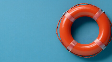 Life ring on a blue background, representing safety and first aid protection, copy space.