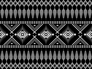 Black and white geometric tribal pattern featuring symmetrical shapes and repetitive motifs in horizontal bands