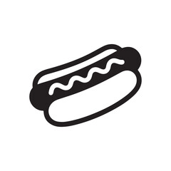 A black and white icon design illustration of a hot dog in a bun with mustard