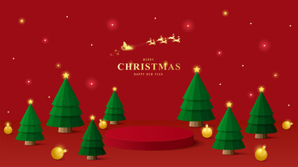3D Red podium with minimal christmas trees, golden ornaments and festive lights. Perfect for holiday product display or advertising background