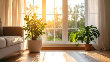 Sunlit living room with potted plants near a large window