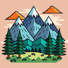 hand drawn mountain design. illustration of mountains and pine trees. 