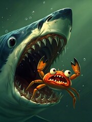 Shark with a crab, shark trying to eat a crab, a hungry Shark chasing a crab