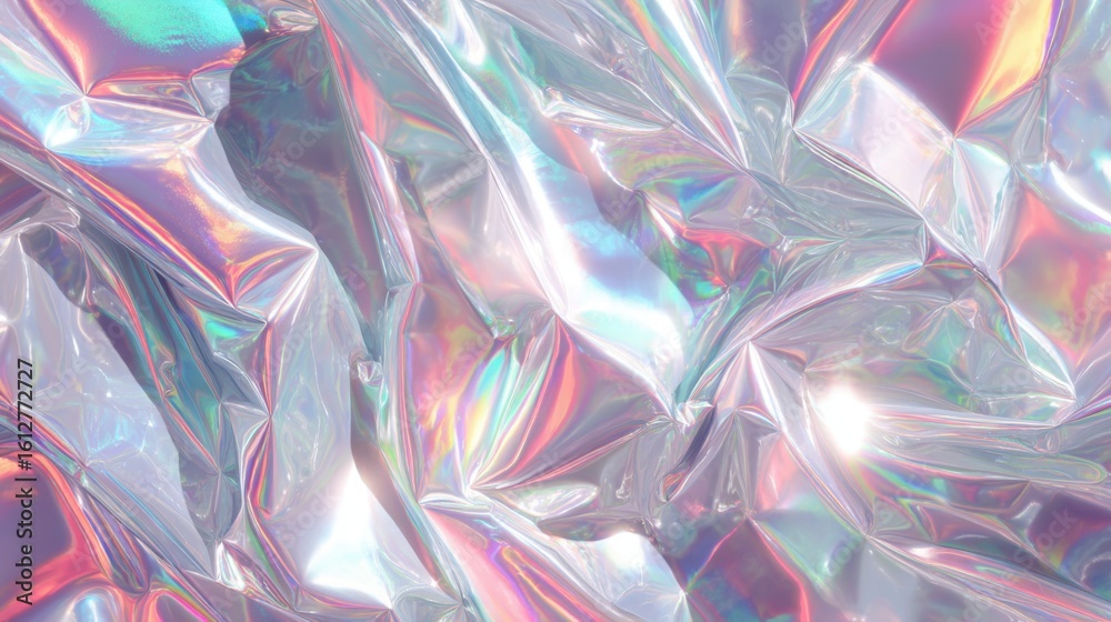 Poster a close-up view of crumpled metallic foil showcases an array of shimmering colors reflecting light, 