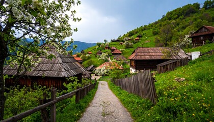 Picturesque mountain village pathway with blossoming trees